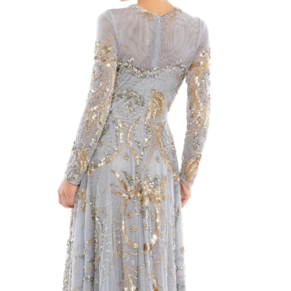 MAC DUGGAL 5217 LONG SLEEVE EMBELLISHED ILLUSIONS NECK PLATINUM/GOLD GOWN sz 18 - Picture 5 of 6